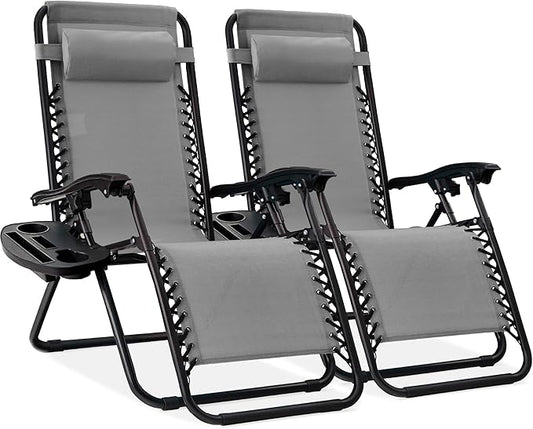 Best Choice Products Set of 2 Adjustable Steel Mesh Zero Gravity Lounge Chair Recliners w/Pillows and Cup Holder Trays - Ice Gray