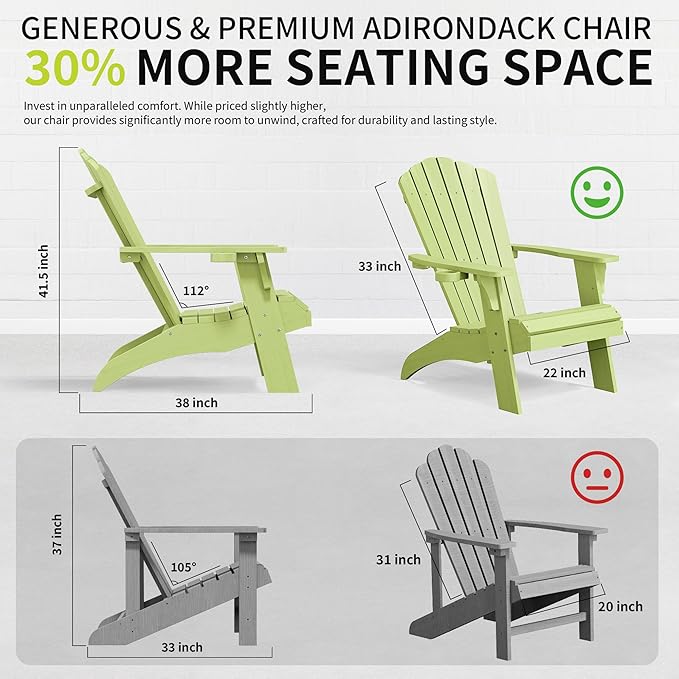 Psilvam Adirondack Chair, Oversized Poly Lumber Fire Pit Chair with Cup Holder, 350Lbs Support Patio Chairs for Garden, Weather Resistant Adirondack Chair Looks Like Real Wood (2, Green)