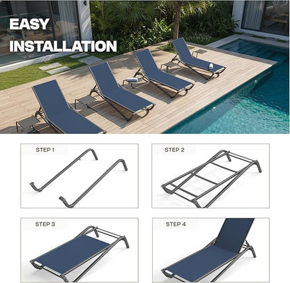 Kingdura Chaise Lounge Chair for Pool, Aluminum Outdoor Lounge Chairs with 5 Positions Recliner, Lightweight Pool Lounger Lounge Chairs for Outside Patio Deck Poolside (Navy Blue, 2 Chairs & 1 Table)