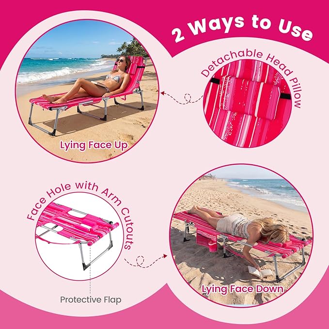 Goplus Tanning Chair with Face Arm Holes, Portable Sunbathing Chair w/4-Level Backrest, Head Pillow - Photo 5