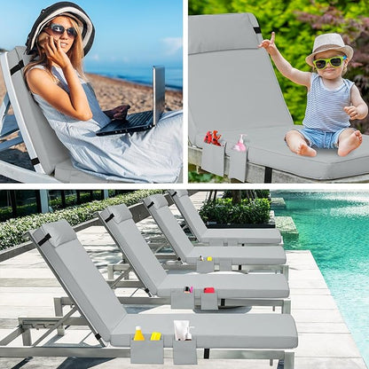Tondiamo 2 Set Outdoor Chaise Lounge Cushions with Pillows and Storage, 72 x 21 x 3 Inch Outdoor Lounge Chair Seat Pads Outside Waterproof Chaise Cushion for Lawn Patio Furniture(Light Gray)