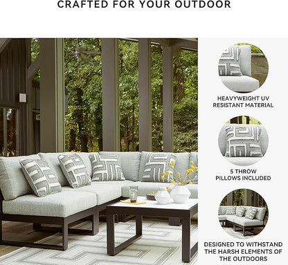 Signature Design by Ashley Beachloft Symmetrical Casual 5-Piece Outdoor Sectional with Cushion and 5 Throw Pillows, Light Gray