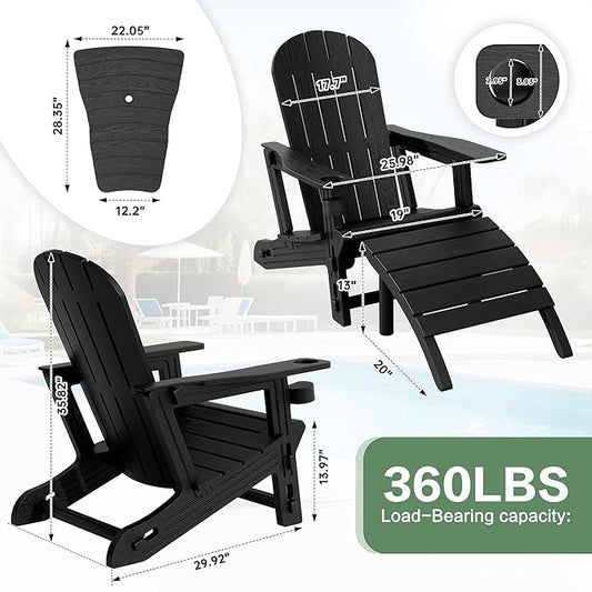 JY QAQA Outdoor Adirondack Chair Set of 2 with Detachable Table & Ottoman, All-Weather HDPE Patio Furniture with Wood Texture & Cup Holder for Patio, Poolside, Garden, Black