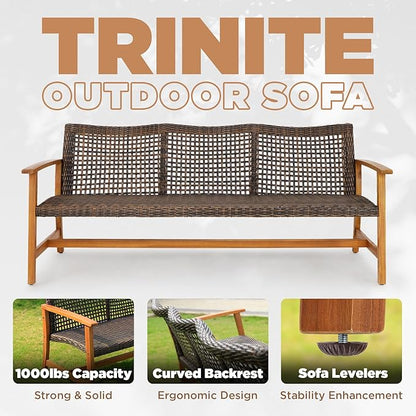 IDZO 1000lbs Capacity, FSC Certified 3 Seater Patio Couch with Upgraded 2000Hours UV Resistant Wicker, Teak Finish Furniture Set, Trinite Acacia Outdoor Sofa_Brown