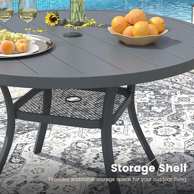 VICLLAX Round Patio Dining Table for 4-6, Outdoor Metal Dining Table with Umbrella Hole for Deck Lawn Garden Backyard, 47.2" Dark Grey