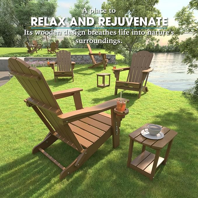 Folding Adirondack Chair Set of 4, HDPE All-Weather Outdoor Chair with Cup Holder, Wooden Textured, Fire Pit Chair - Photo 7
