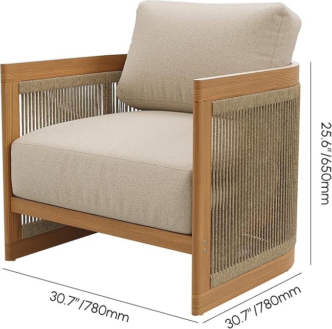 homary Teak Outdoor Chair, Rope Woven Patio Lounge Chair with All-Weather Cushions, Deep Seat Ergonomic Armchair with Removable Washable Covers (1 Chair)