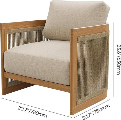 homary Teak Outdoor Chair, Rope Woven Patio Lounge Chair with All-Weather Cushions, Deep Seat Ergonomic Armchair with Removable Washable Covers (1 Chair)