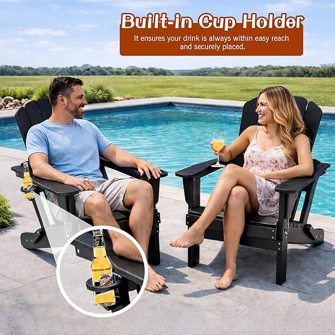 Domi Folding Adirondack Chair, HDPE All-Weather Adirondack Chairs with Cup Holder - Photo 7