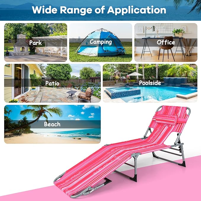 GYMAX Tanning Chair, Folding Beach Lounger with Face Arm Hole, Adjustable Backrest, Side Pocket & Carry Handle, Outside Sunbathing Lounge Chair for Patio, Poolside, Lawn (1, Pink Stripe)