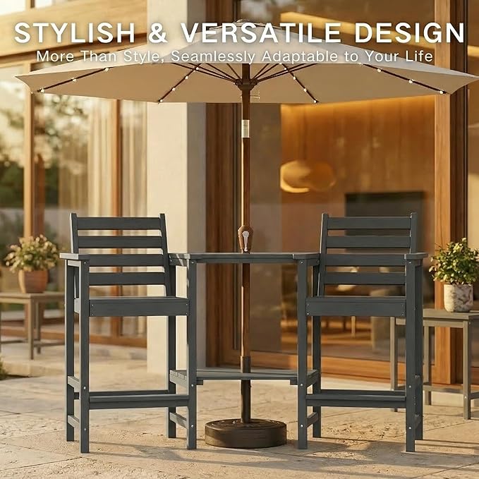 Kingdura Tall Adirondack Chairs Set of 2, Weather Resistant HDPE Bar Height Outdoor Stools with Removable Double Connecting Trays, Wooden Grain for Patio, Balcony, Deck (Grey)
