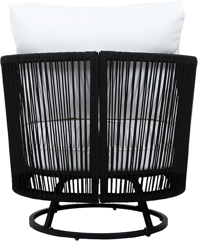 Merax Outdoor Swivel Chair, 360-Degree Rotation, Natural Acacia Wood with Handwoven Black Rope Design and Seat Cushion, Metal Swivel Base, Weather-Resistant Chair for Patio Garden Balcony