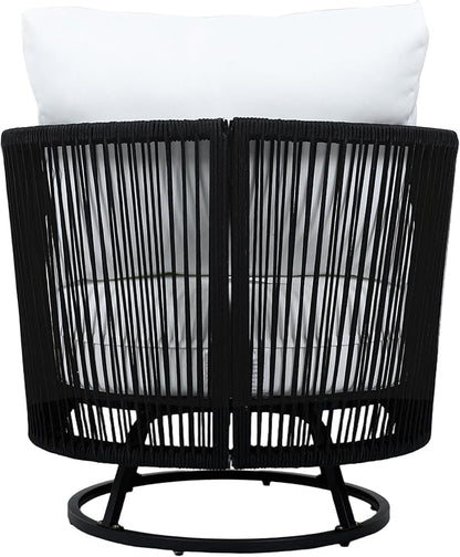 Merax Outdoor Swivel Chair, 360-Degree Rotation, Natural Acacia Wood with Handwoven Black Rope Design and Seat Cushion, Metal Swivel Base, Weather-Resistant Chair for Patio Garden Balcony
