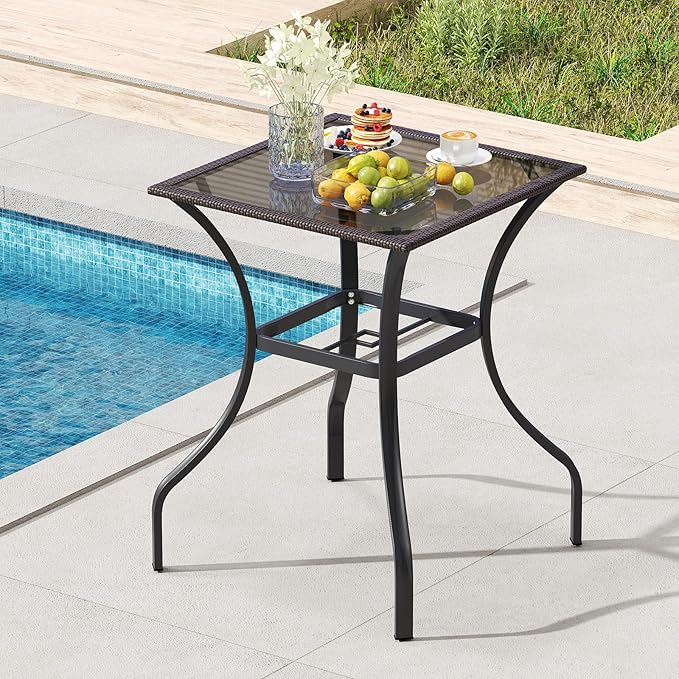 Tangkula Patio Bar Table with Umbrella Hole, All Weather 37 Inches Height Heavy Duty Outdoor Square Glass Top Table, for Garden Balcony Poolside and Lawn, Mix Brown