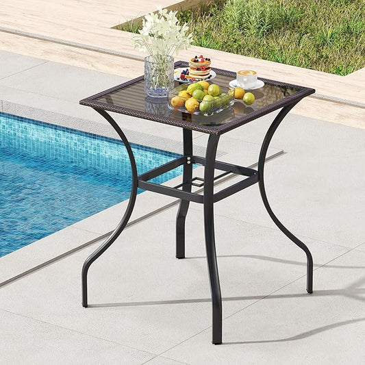 Tangkula Patio Bar Table with Umbrella Hole, All Weather 37 Inches Height Heavy Duty Outdoor Square Glass Top Table, for Garden Balcony Poolside and Lawn, Mix Brown