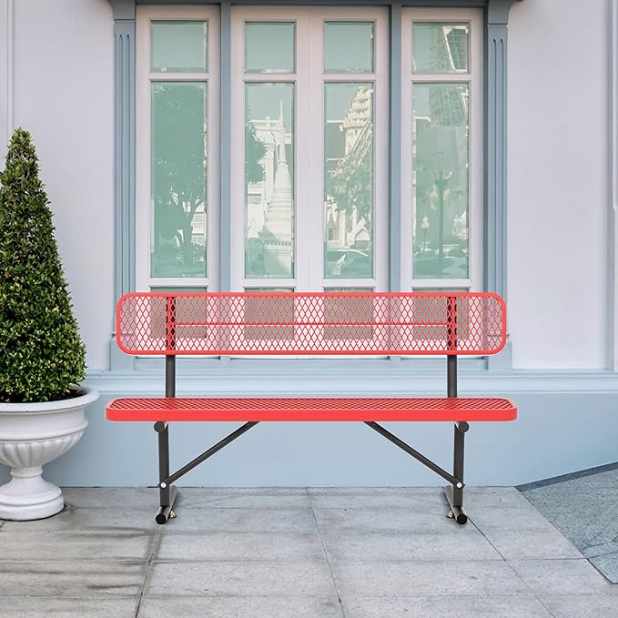 6 Ft Metal Park Bench for Outside, All-Weather Thermoplastic Coating Outdoor Bench with Backrest, Commercial Heavy Duty Benches for Shopping Malls, Stores, Parks, Patios, Decks, Red