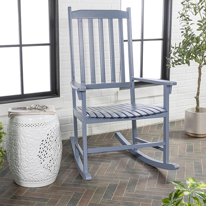 Eyely KCR300F Orvindar Farmhouse Classic Slat-Back 350-LBS Support Acacia Wood Outdoor Rocking Chair, Cashmere Blue