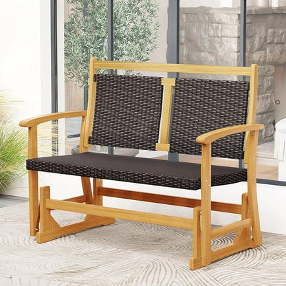 HAPPYGRILL Outdoor Glider Bench Acacia Wood Porch Glider with Rattan Seat and Backrest, Curved Armrests, 2-Person Swing Rocking Chair for Patio, Backyard, Garden, Balcony