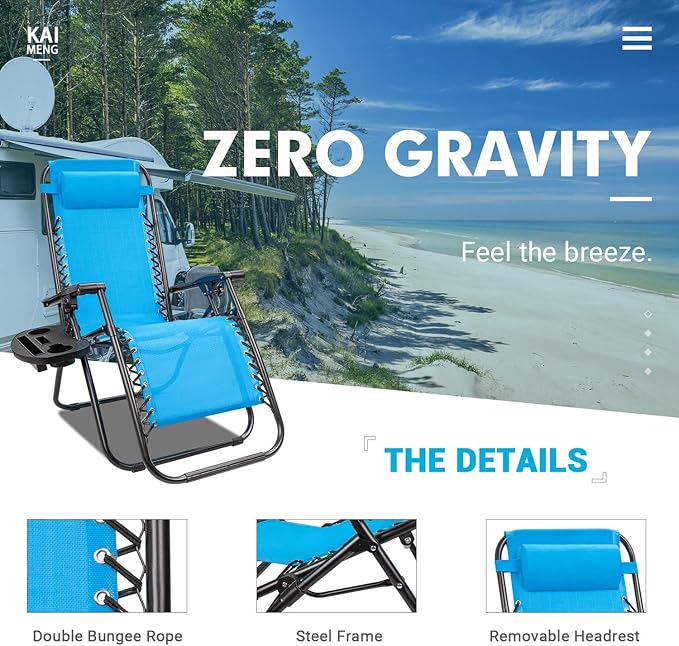 Kemon Zero Gravity Folding Lounge Outdoor Patio Adjustable Reclining Chair with Pillows and Cup Holders for Beach Set of 2, Blue, KM-CLB