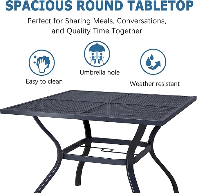 Square Patio Dining Table,All-Weather Metal Steel Mesh Patio Table with Umbrella Hole,Outdoor Dining Table for Lawn Garden Porch, Black