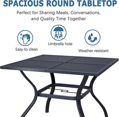 Square Patio Dining Table,All-Weather Metal Steel Mesh Patio Table with Umbrella Hole,Outdoor Dining Table for Lawn Garden Porch, Black