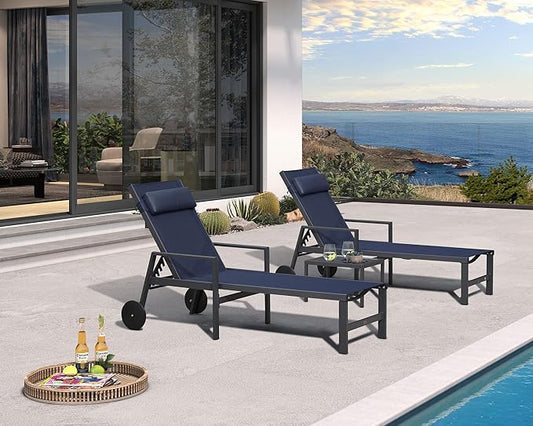 PURPLE LEAF Patio Lounge Chair Set Outdoor Chaise Lounger Aluminum Frame with Armrest 2 Side Table and Wheels for Pool Outside Sunbathing Tanning Recliner Including Pillows Navy Blue