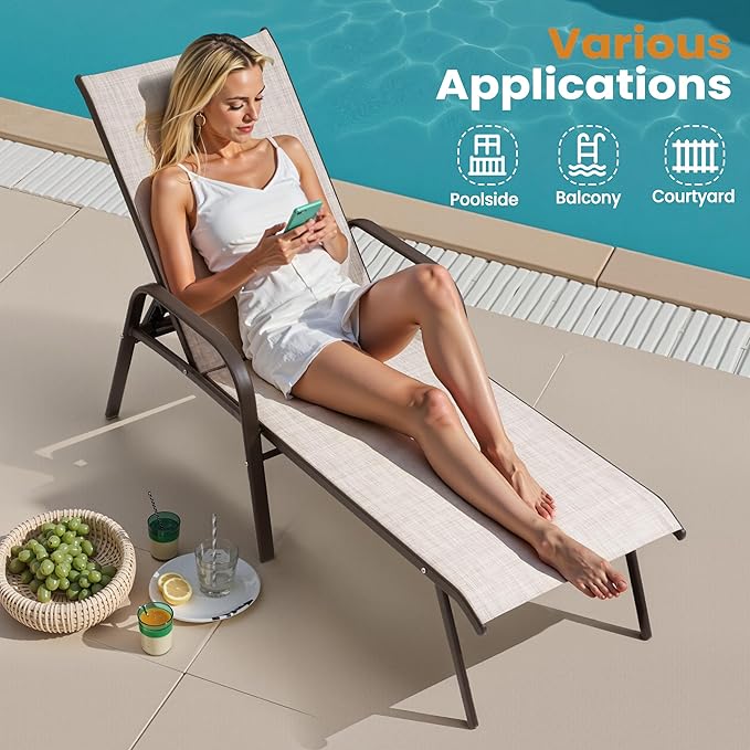 Crestlive Outdoor Chaise Lounge Chair, 5-Position Pool Lounge Chairs with Armrests Sunbathing Recliner for Patio, Beach - Photo 7