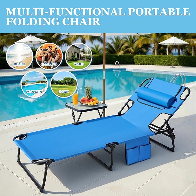 3-in-1 Sun Tanning Chair with Face Holes, Folding Chaise Lounge Chairs, 5-Position Adjustable Lounge Chair Outdoor with 2 Side Pocket & Pillow, for Pool Beach, Patio, Camping, Blue