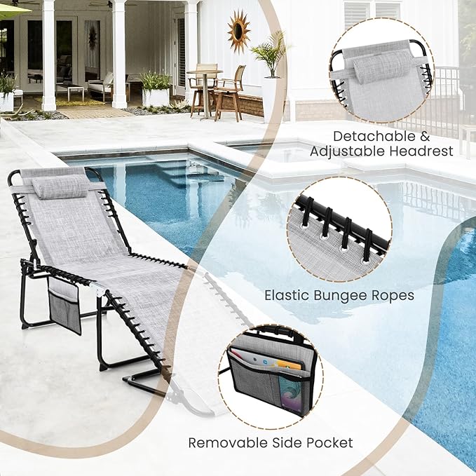 GYMAX Lounge Chairs for Outside, Extra High Folding Beach Tanning Lounger with Adjustable Backrest - Photo 7