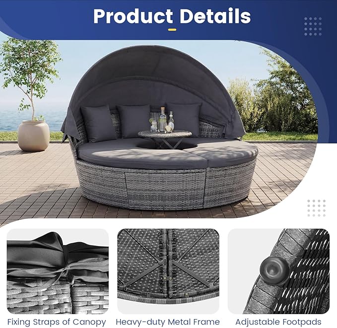 HAPPYGRILL Rattan Daybed with Canopy, Outdoor Wicker Round Daybed Patio Seating with Cushions & Adjustable Side Table - Photo 8
