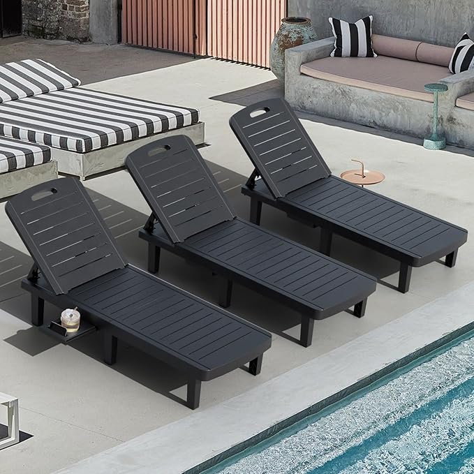 CDCASA Outdoor Chaise Lounge Set of 3, Pool Lounge Chairs w/5 Adjustable Positions & Side Tray, Waterproof Resin Lounges for Poolside,Yard,Garden,Sunbathing, for All Weather, Black