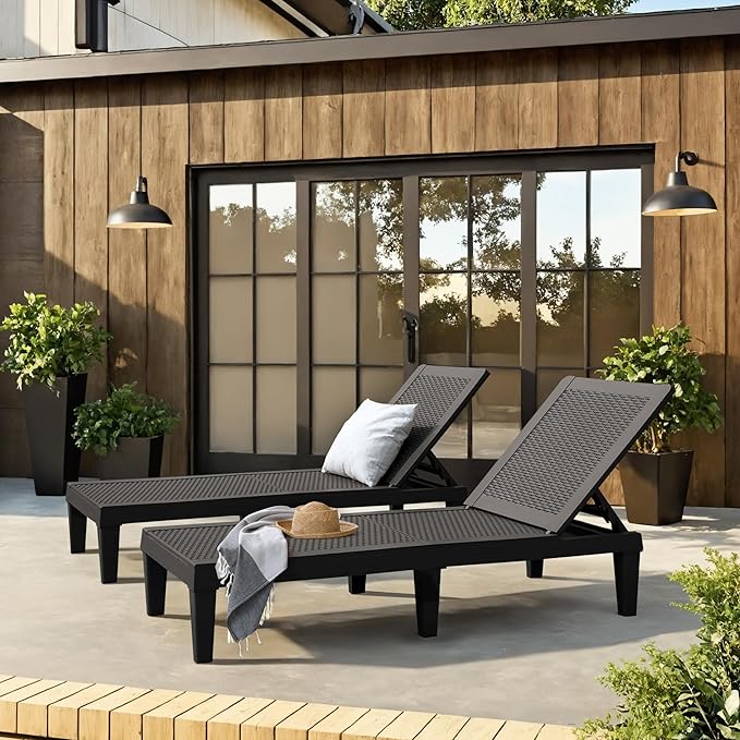 JUMMICO Patio Chaise Lounge Chair Set of 4 Outdoor PE Waterproof Adjustable Easy Assembly Lounge Chairs for Outside Pool Garden Deck Beach (Black, Set of 4)