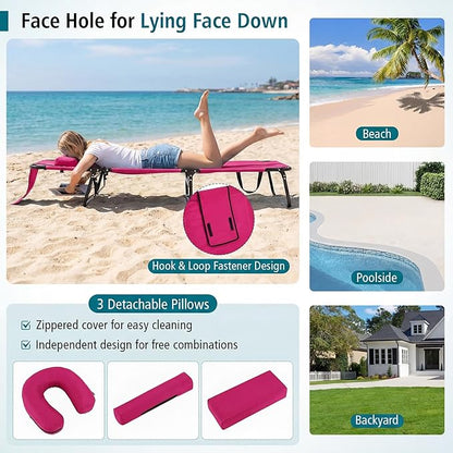 Tangkula Beach Lounge Chair, Folding Sunbathing Recliner with Face Hole, Face Down Tanning Chair with 4-Level Adjustable Backrest & 3 Removable Pillows, Chaise Lounge Chair for Patio (1, Pink)