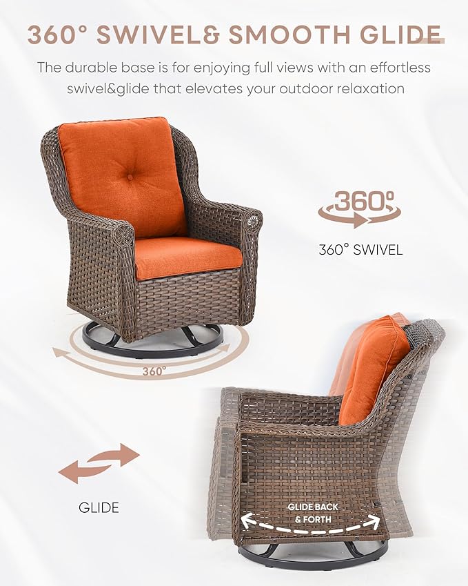 Outdoor Patio Swivel Gliders with Fire Pit Table 5 Piece Set - High Back Brown Wicker Rattan Rocking Chair with Thick - Photo 5