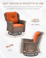 Outdoor Patio Swivel Gliders with Fire Pit Table 5 Piece Set - High Back Brown Wicker Rattan Rocking Chair with Thick - Photo 5