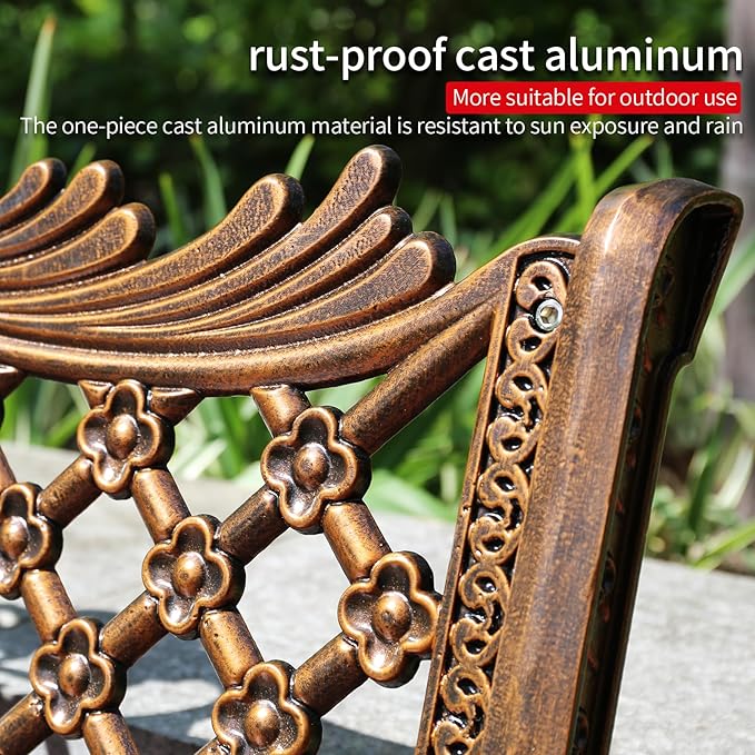 51" Outdoor Bench Garden Bench Cast Aluminum Bench with Floral Back Metal Front Porch Benches for Yard Patio Entryway Park (Red Copper)