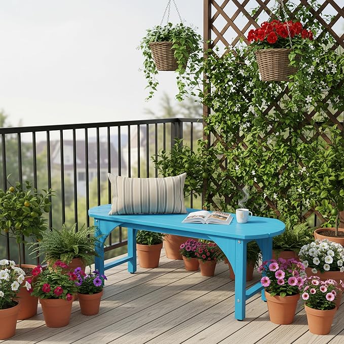 Outdoor Bench Garden Bench, HIPS 2-Person All-Weather Patio Dining Bench Outside Weatherproof Furniture for Garden, Porch & Park (Blue)