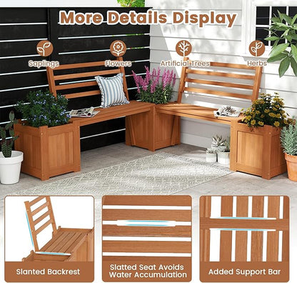 Outdoor Planter Box with Bench, Teak Oil Finish Wood Seat with 2 Open-Ended Base Garden Beds & Backrest, Decorative Plant Container for Yard, Balcony & Porch