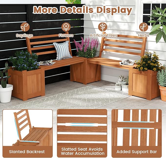 2 Pieces Outdoor Planter Box with Bench, Teak Oil Finish Wood Seat with 2 Open-Ended Base Garden Beds & Backrest, Decorative Plant Container for Yard, Balcony & Porch