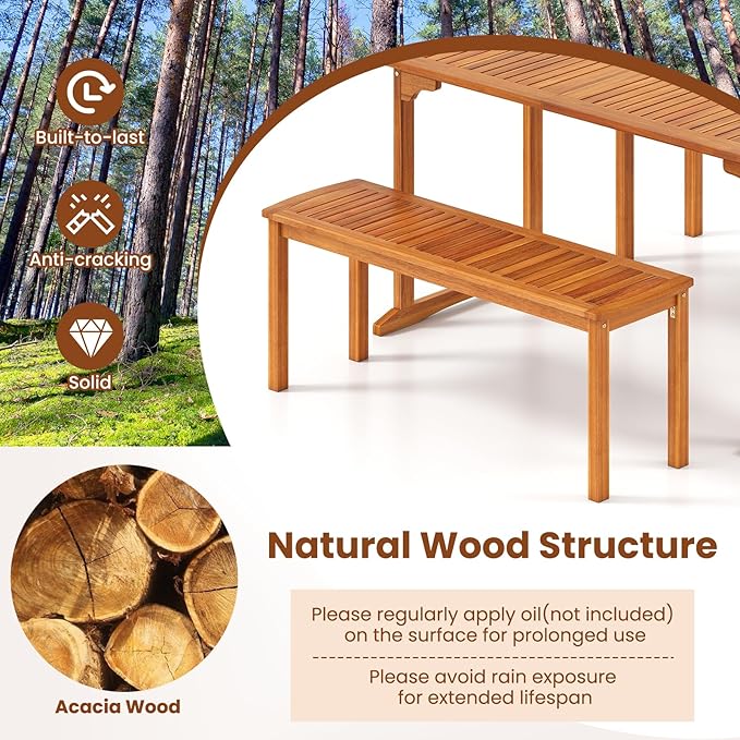 RELAX4LIFE Wood Patio Outdoor Bench - 48’’ Backless Acacia Wooden Dining Bench w/Slatted Seat, 2-Person Farmhouse Indoor Outside Furniture for Entryway Garden Park Porch Poolside, 800LBS Max Load (2)