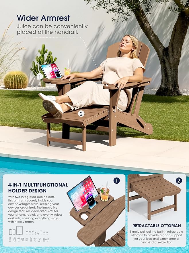 KINGYES Adjustable Folding Adirondack Chair with Footrest & 4-in-1 Multi-Functional Armrest Organizer Set of 2 - Photo 3