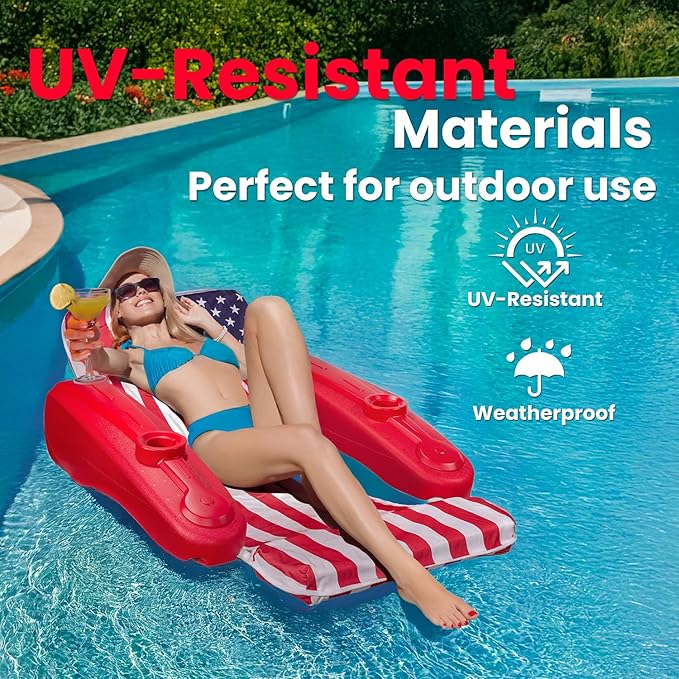 XtremepowerUS USA Patriotic Floating Chaise Pool Lounger Headrest Padded Large Lounge, Backrest, Footrest & Cupholder for Adults (American Flag)