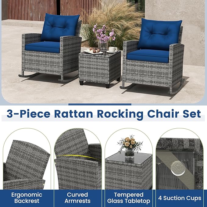 Tangkula 3 Piece Wicker Rocking Set, Patio Rattan Roker Chairs with Tempered Glass Table & Soft Cushions, Outdoor Furniture Set for Backyard, Poolside Porch (Mix Gray & Navy)