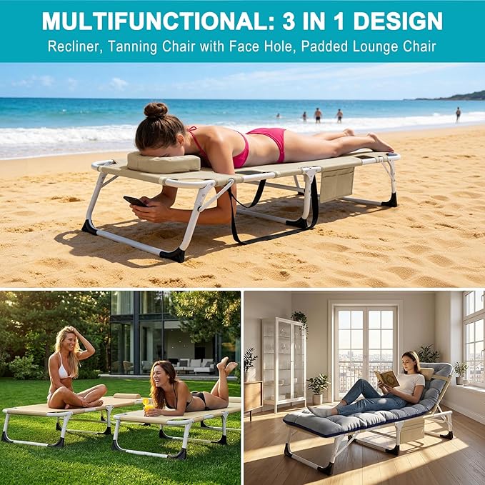 ABORON 3 in 1 Sun Tanning Chair Oversized with Mat&Face Arm Hole, Heavy Duty Folding Chaise Lounge Chairs, 5-Position Outdoor Lounge Chair/Pillow, for Beach, Pool, Lawn, Yard, Patio
