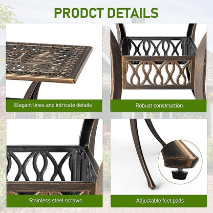 Outvita Patio Side Table, 35.4in Outdoor Square Cast Aluminum Bistro Table with Umbrella Hole and Antique Design for Backyard Porch Pool Balcony Deck Bronze