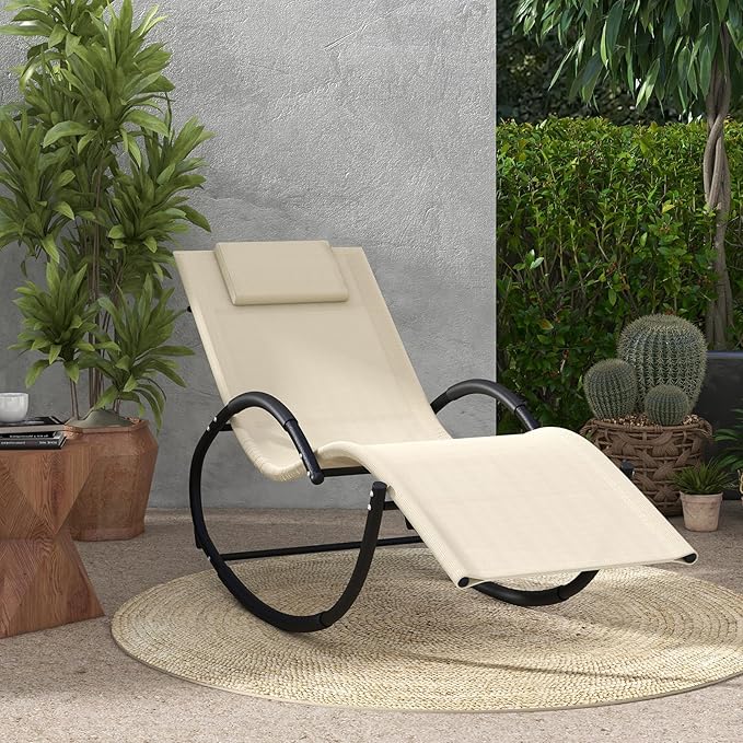 Giantex Outdoor Rocking Lounge Chair, Zero Gravity Rocking Chair with Removable Headrest, Breathable Backrest & Seat - Photo 2