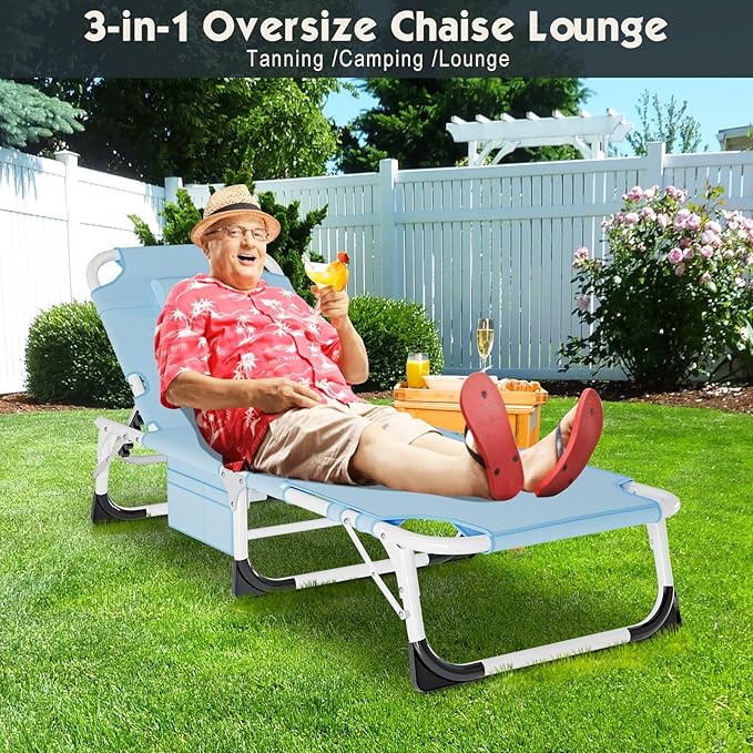 MOPHOTO Beach Lounge Chair, 5-Position Adjustable Tanning Chair with Face Hole, Heavy Duty Folding Chaise Lounge for Beach, Pool, Patio & Sunbathing
