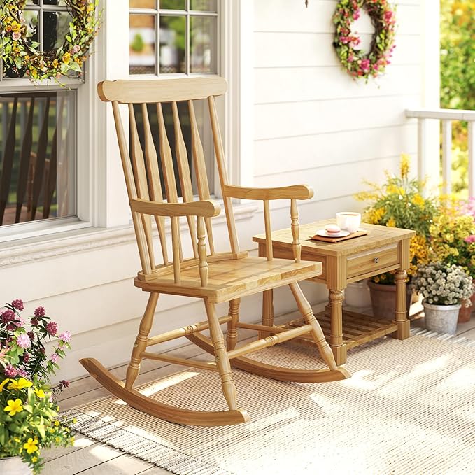 Giantex Outdoor Wood Rocking Chair - Patio Rocking Chair with Solid Rubber Wood Frame, Slat Back, Outside & Indoor Rocker for Garden, Poolside, Balcony, Backyard, Lawn, Front Porch Rocker, Natural