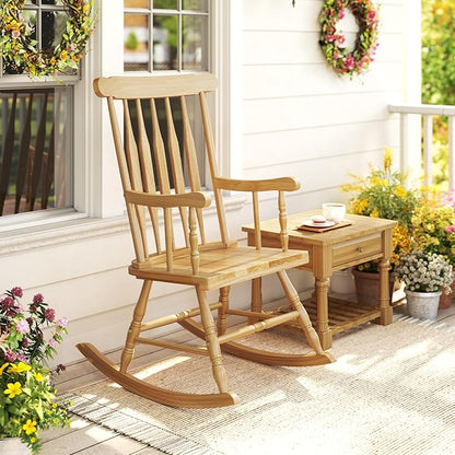 Giantex Outdoor Wood Rocking Chair - Patio Rocking Chair with Solid Rubber Wood Frame, Slat Back, Outside & Indoor Rocker for Garden, Poolside, Balcony, Backyard, Lawn, Front Porch Rocker, Natural