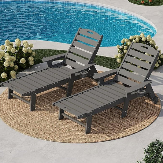 Garvee Oversize 5-Position HDPE Outdoor Chaise Lounge Chair with Rolling Wheels – Pool Lounge for Patio, Beach & Camping, Gray
